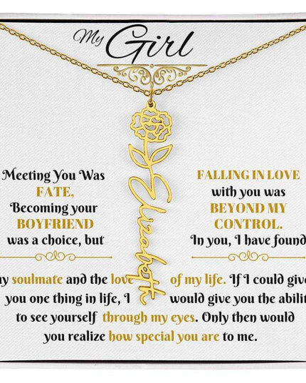 gold flower name necklace in soft box