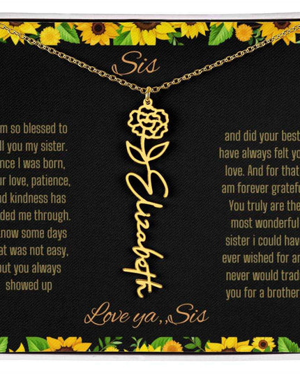 Birth Flower Name Necklace with a yellow gold variant of a flower on a To Sis from Sis message card up close