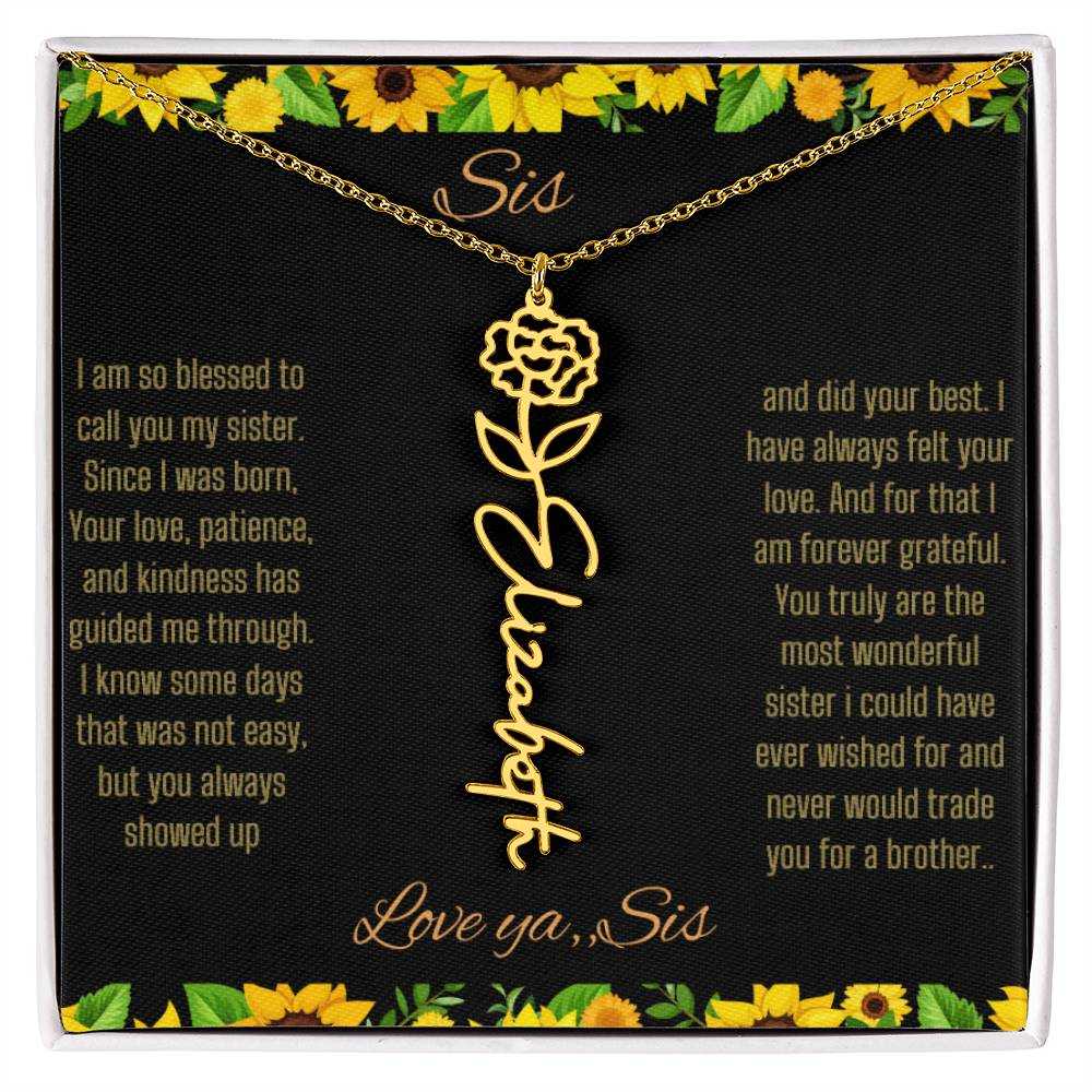 Birth Flower Name Necklace with a yellow gold variant of a flower on a To Sis from Sis message card up close