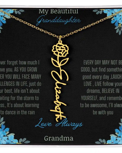 Birth Flower Name Necklace on a to granddaughter from grandma greeting card close up of a