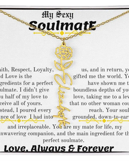 a birth flower name necklace in yellow gold for January.