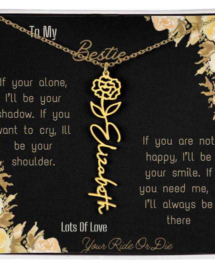 birth flower name necklace with greeting card to bestie in two tone box in yellow gold