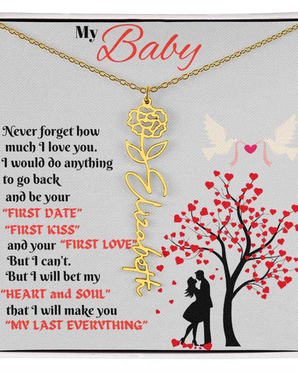 gold flower name necklace in soft box
