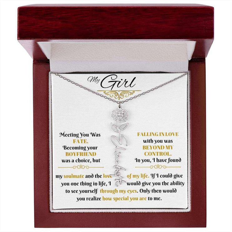 polished stainless-steel flower name necklace in luxury box