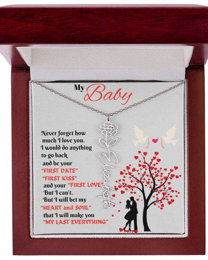 polished stainless-steel flower name necklace in luxury box