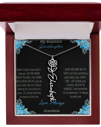 Birth Flower Name Necklace on a to granddaughter from grandma greeting card close up of a