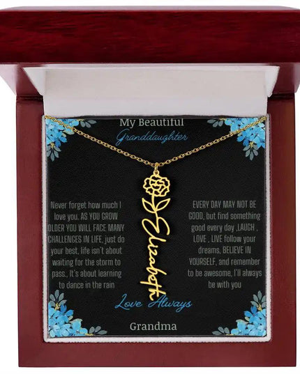 Birth Flower Name Necklace on a to granddaughter from grandma greeting card close up of a
