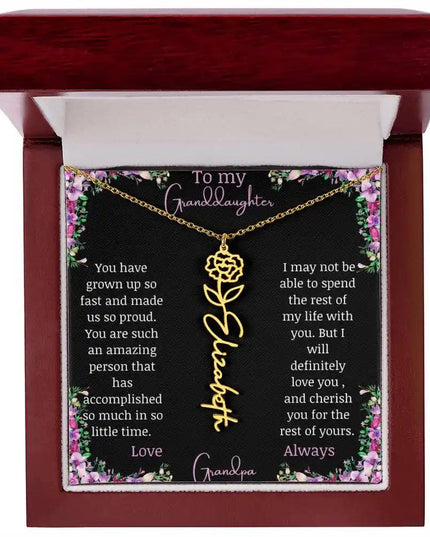 Birth Flower Name Necklace with a to granddaughter from grandpa greeting card and a flower charm.