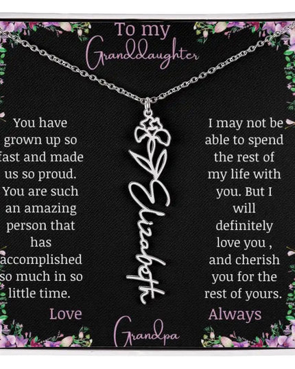 Birth Flower Name Necklace with a to granddaughter from grandpa greeting card and a flower charm.