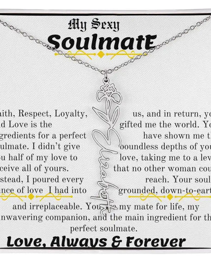 a birth flower name necklace in polished stainless steel for February.