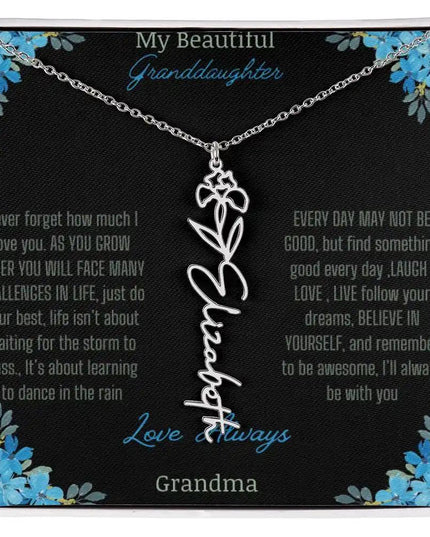 Birth Flower Name Necklace on a to granddaughter from grandma greeting card close up of a