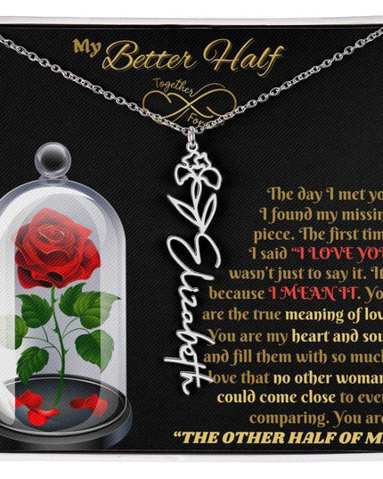 polished stainless steel flower name necklace in soft box 