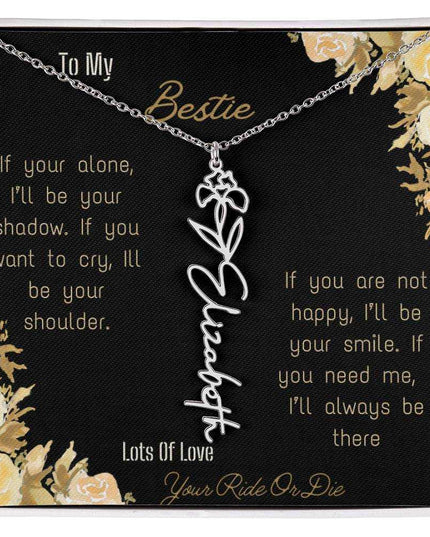 birth flower name necklace with greeting card to bestie in two tone box in polished stainless steel