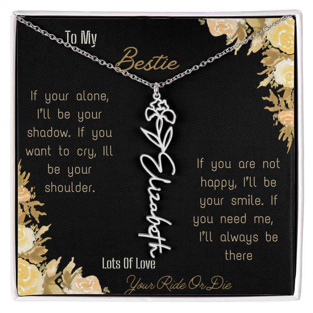 birth flower name necklace with greeting card to bestie in two tone box in polished stainless steel