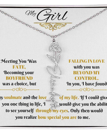 polished stainless-steel flower name necklace in soft box
