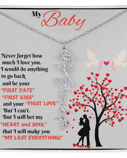 polished stainless-steel flower name necklace in soft box