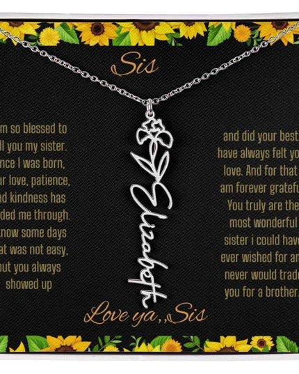 Birth Flower Name Necklace with a polished stainless-steel variant of a flower on a To Sis from Sis message card up close