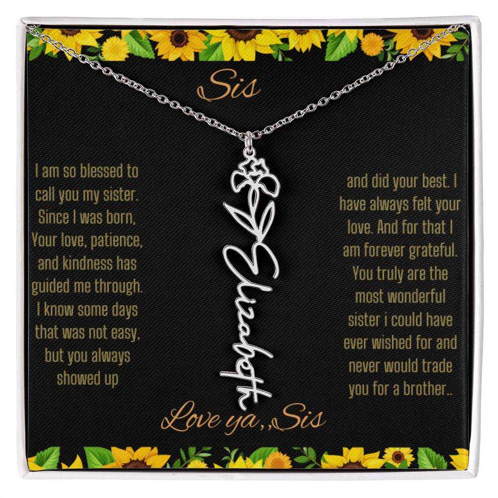 Birth Flower Name Necklace with a polished stainless-steel variant of a flower on a To Sis from Sis message card up close