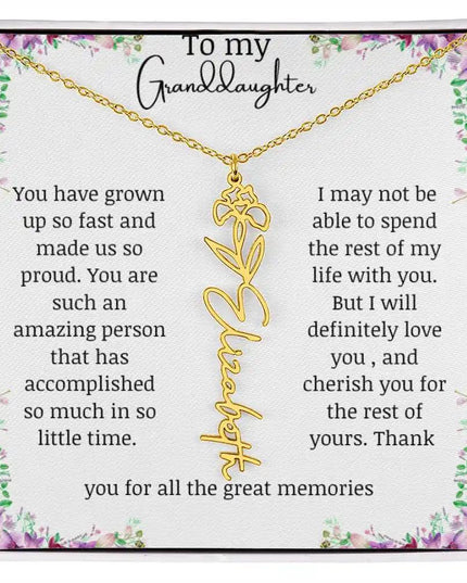 a yellow gold finish February birth flower name necklace.