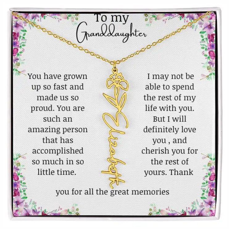 a yellow gold finish February birth flower name necklace.