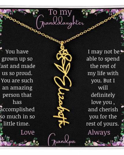 Birth Flower Name Necklace with a to granddaughter from grandpa greeting card and a flower charm.