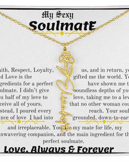 a birth flower name necklace in yellow gold for February.
