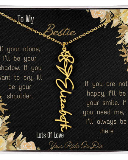 birth flower name necklace with greeting card to bestie in two tone box in yellow gold