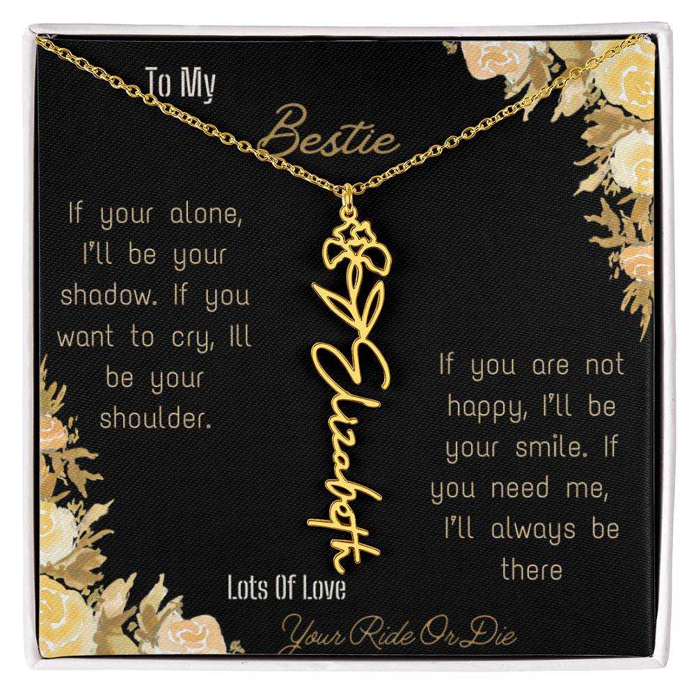 birth flower name necklace with greeting card to bestie in two tone box in yellow gold