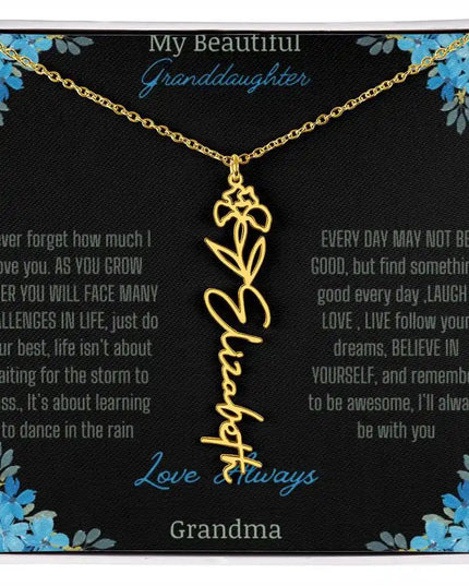 Birth Flower Name Necklace on a to granddaughter from grandma greeting card close up of a