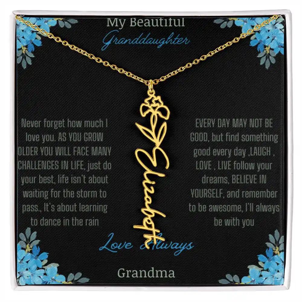 Birth Flower Name Necklace on a to granddaughter from grandma greeting card close up of a