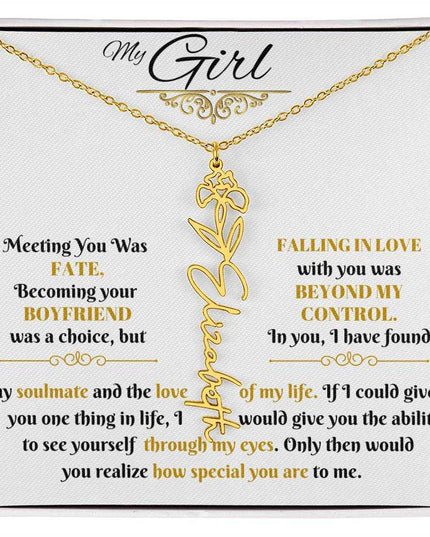 gold flower name necklace in soft box