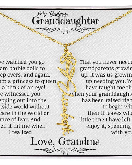 a yellow gold flower name necklace for February.