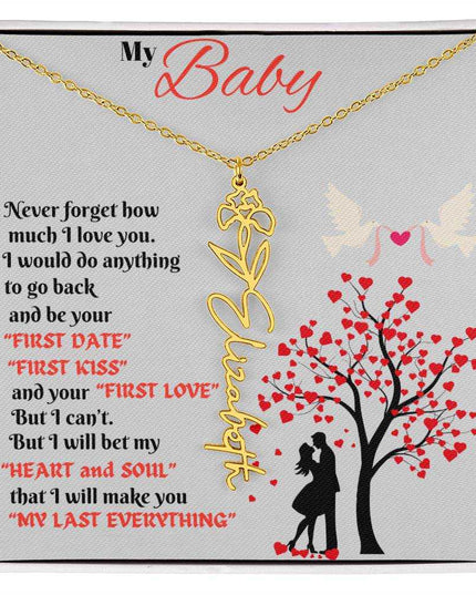 gold flower name necklace in soft box