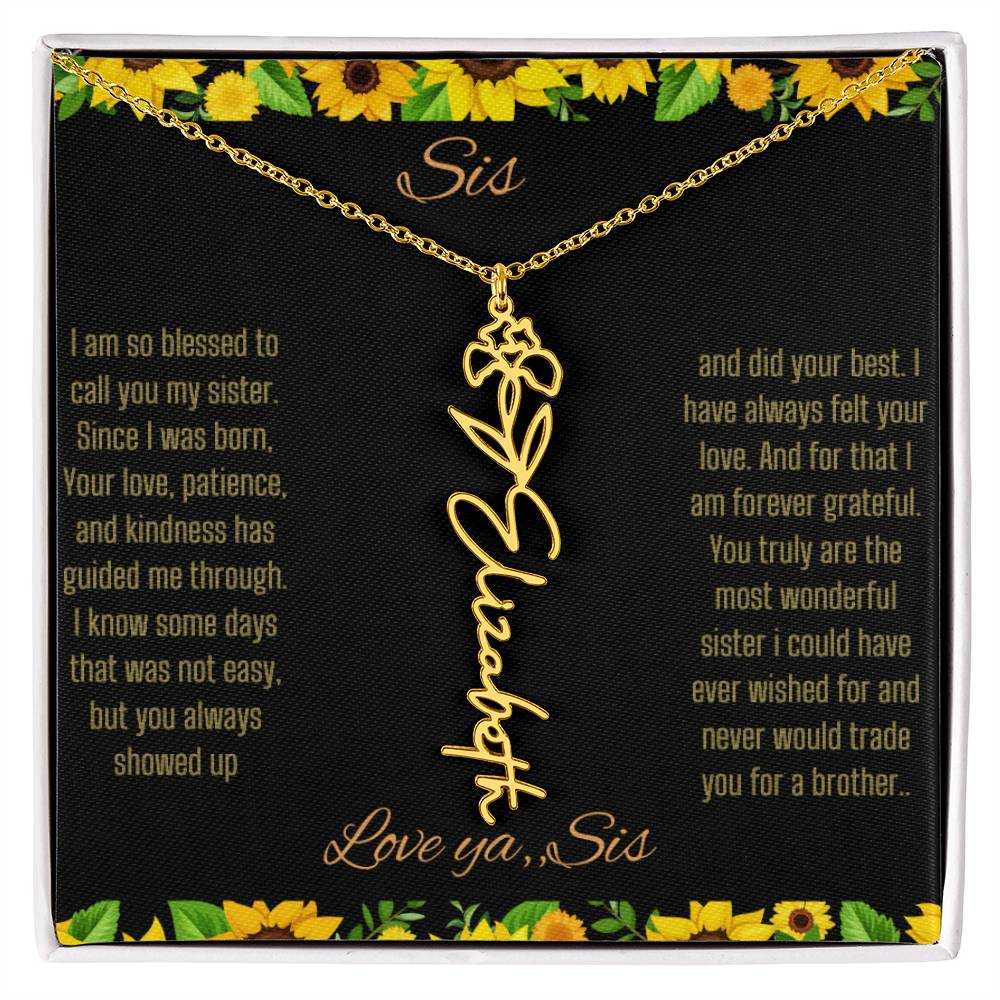 Birth Flower Name Necklace with a yellow gold variant of a flower on a To Sis from Sis message card up close