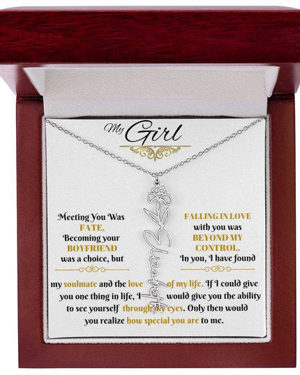 polished stainless-steel flower name necklace in luxury box