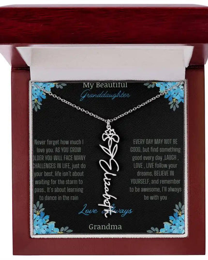 Birth Flower Name Necklace on a to granddaughter from grandma greeting card close up of a