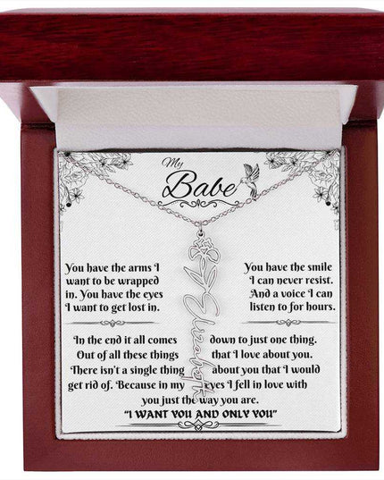 polished stainless-steel flower name necklace in luxury box