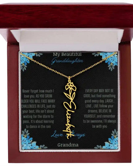 Birth Flower Name Necklace on a to granddaughter from grandma greeting card close up of a