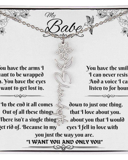 polished stainless-steel flower name necklace in soft box