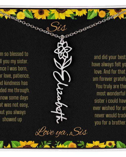 Birth Flower Name Necklace with a polished stainless-steel variant of a flower on a To Sis from Sis message card up close