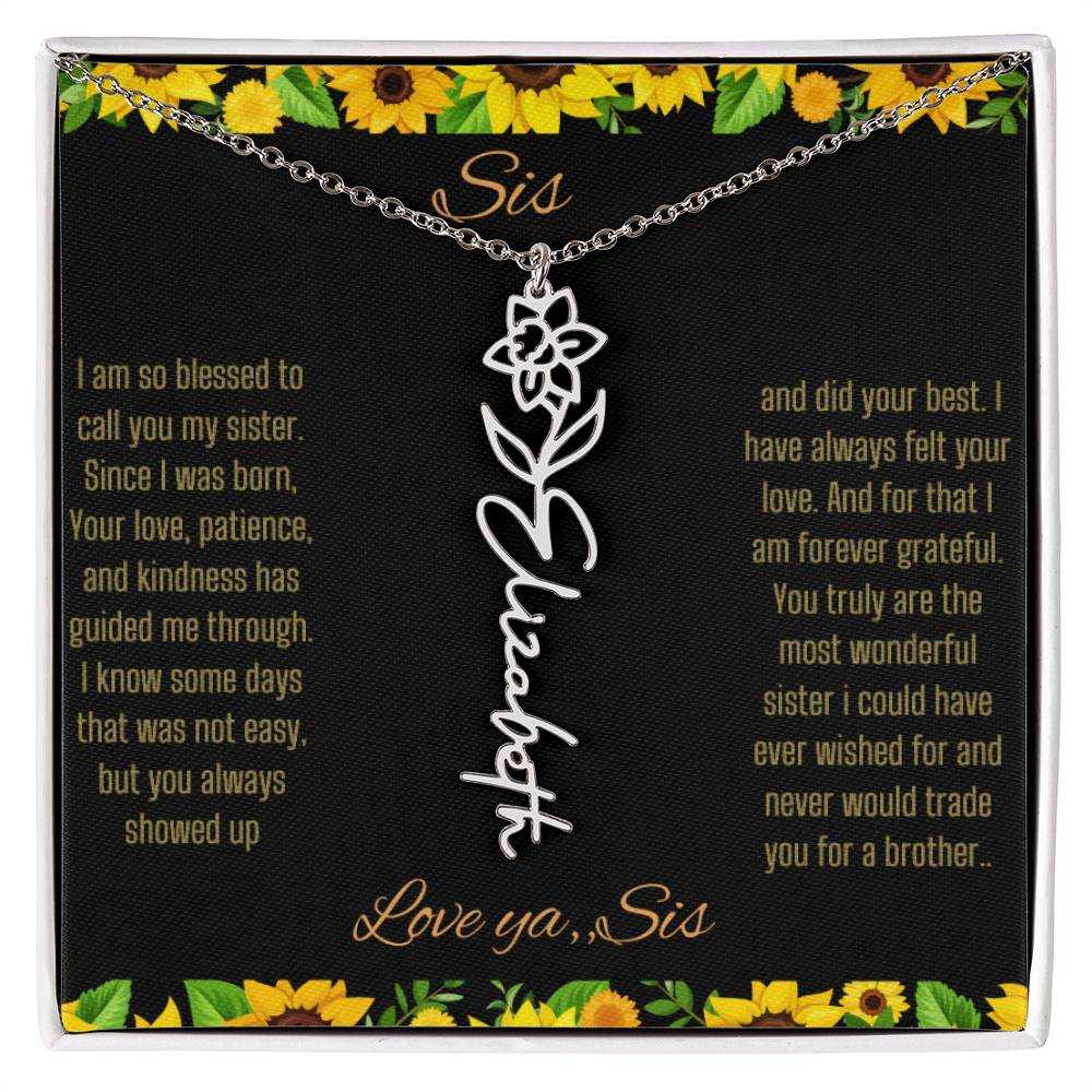 Birth Flower Name Necklace with a polished stainless-steel variant of a flower on a To Sis from Sis message card up close