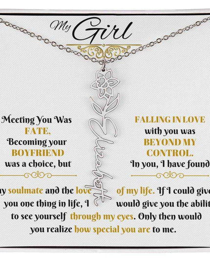 polished stainless-steel flower name necklace in soft box