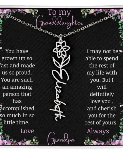 Birth Flower Name Necklace with a to granddaughter from grandpa greeting card and a flower charm.