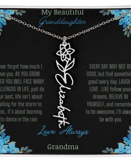 Birth Flower Name Necklace on a to granddaughter from grandma greeting card close up of a