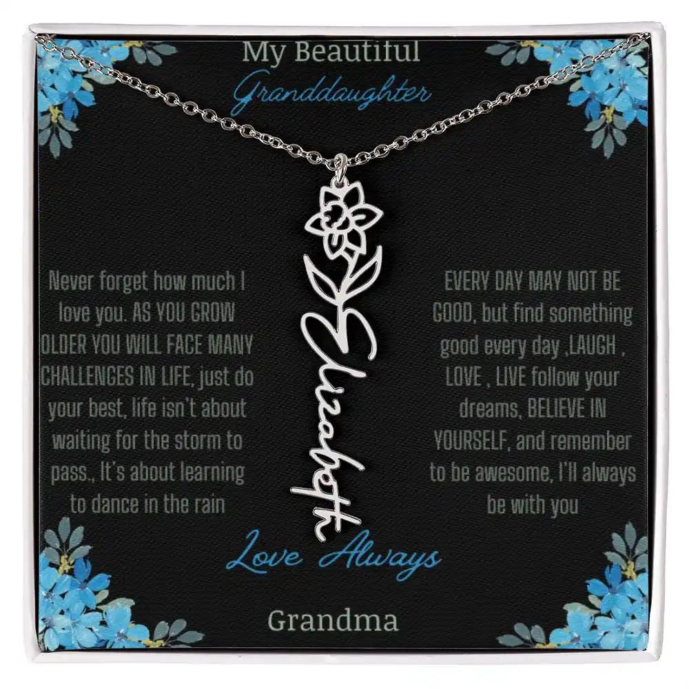 Birth Flower Name Necklace on a to granddaughter from grandma greeting card close up of a