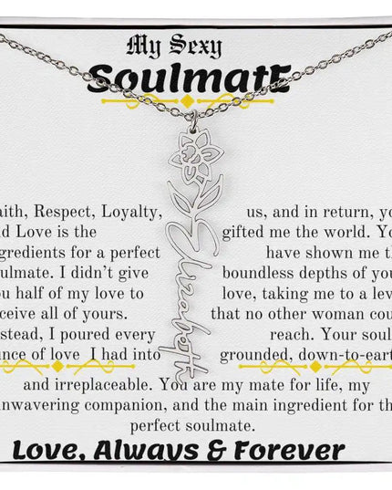 a birth flower name necklace in polished stainless steel for March.
