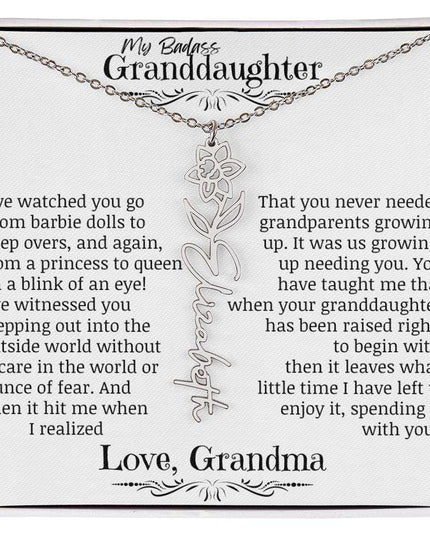 a polished stainless-steel flower name necklace for March.