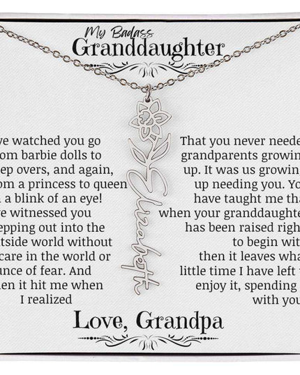 a polished stainless-steel flower name necklace.