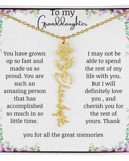 a yellow gold finish March birth flower name necklace.