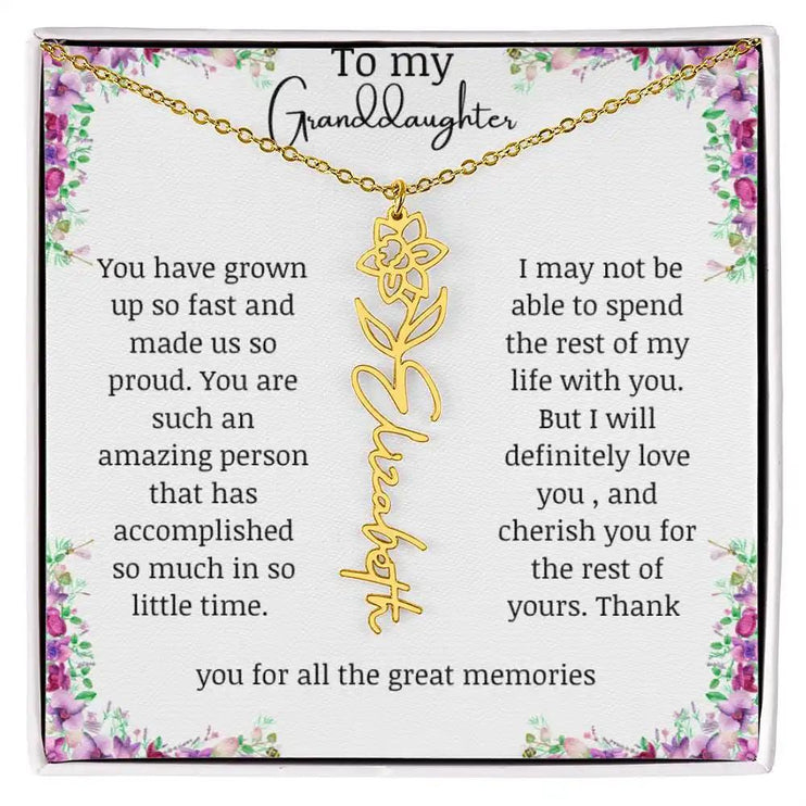 a yellow gold finish March birth flower name necklace.